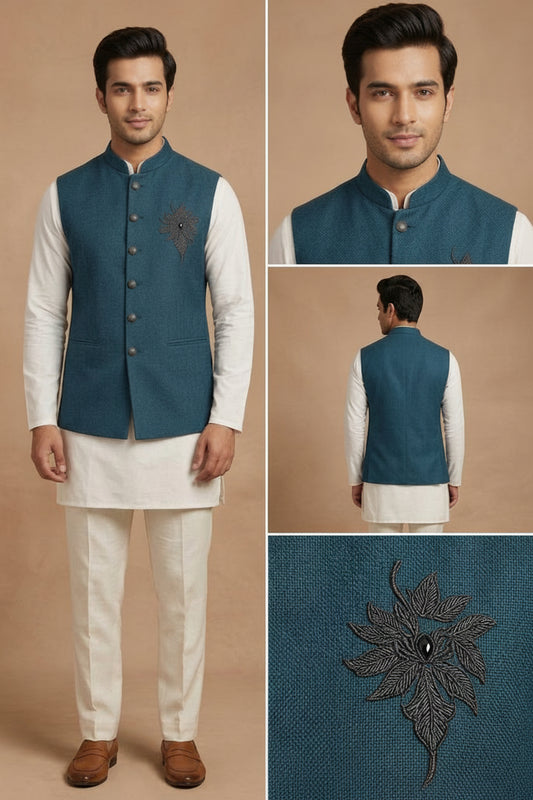 Teal Blue Embroidered Nehru Jacket Kurta Set