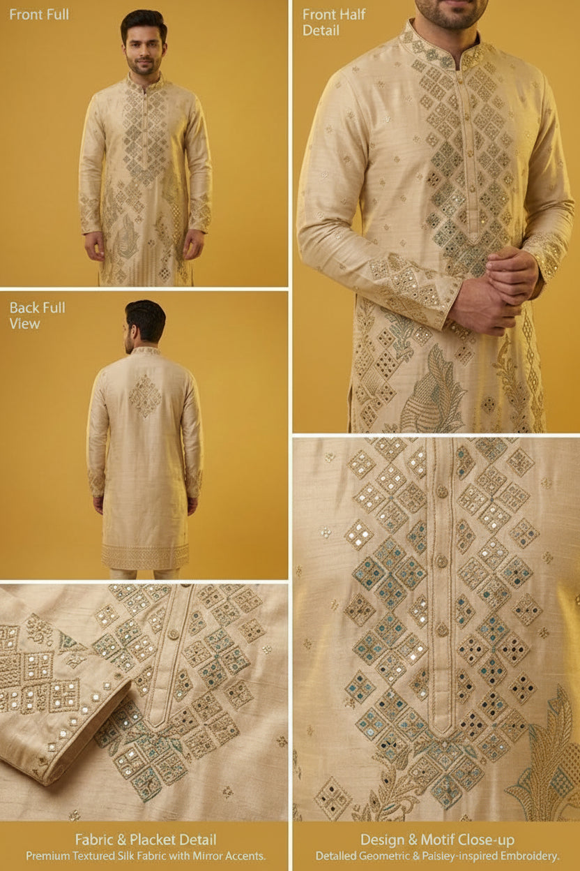 Men’s Beige Embroidered Festive Kurta