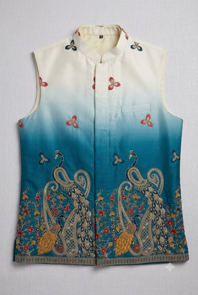 Men’s Teal Blue Ombre Peacock Embroidered Nehru Jacket