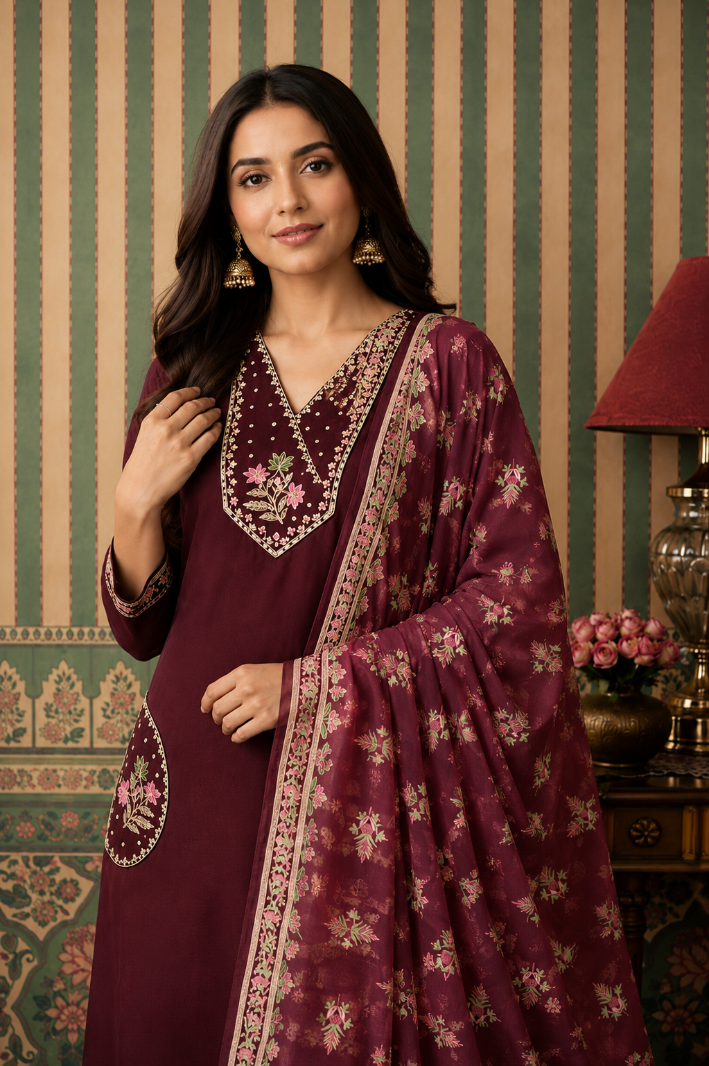 Wine Purple Floral Embroidered Cotton Kurta Pant & Dupatta Set for Women