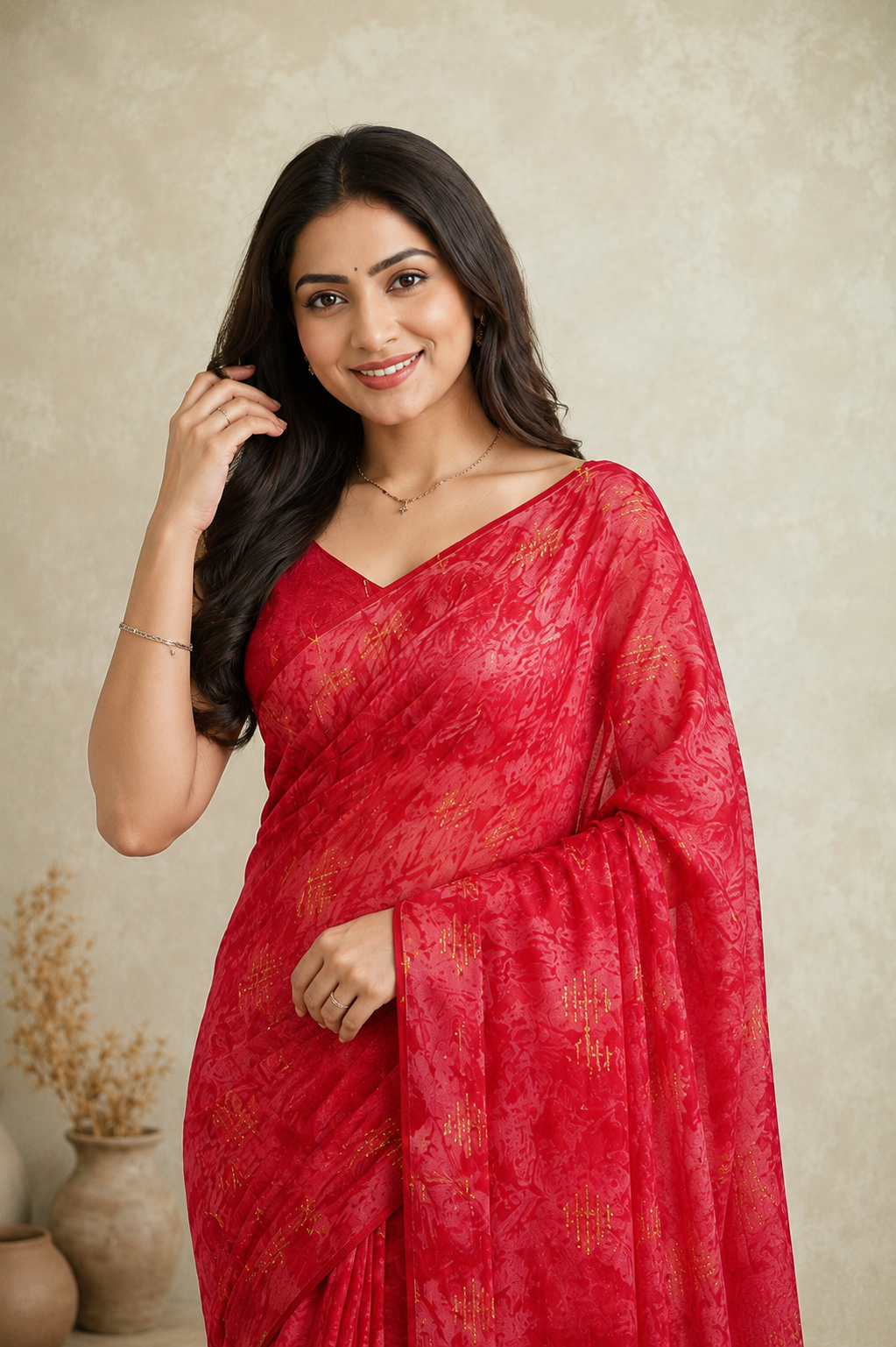 Elegant  Printed Saree with Golden Foil Motifs | Lightweight Festive Wear