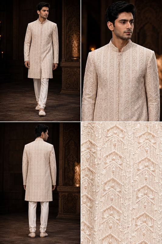 Champagne Embroidered Indo-Western Sherwani Set