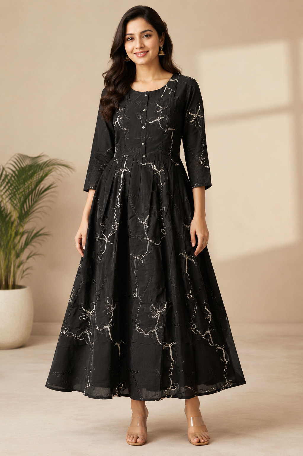 Women’s Black Embroidered Flared Maxi Dress