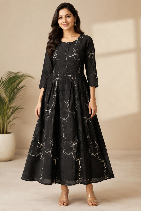 Women’s Black Embroidered Flared Maxi Dress