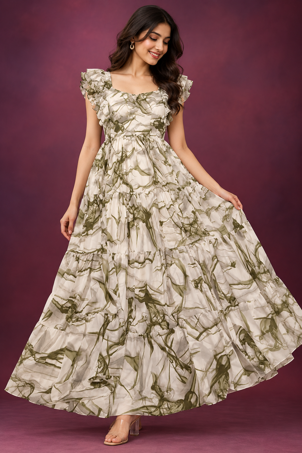 Olive Marble Print Tiered Maxi Dress