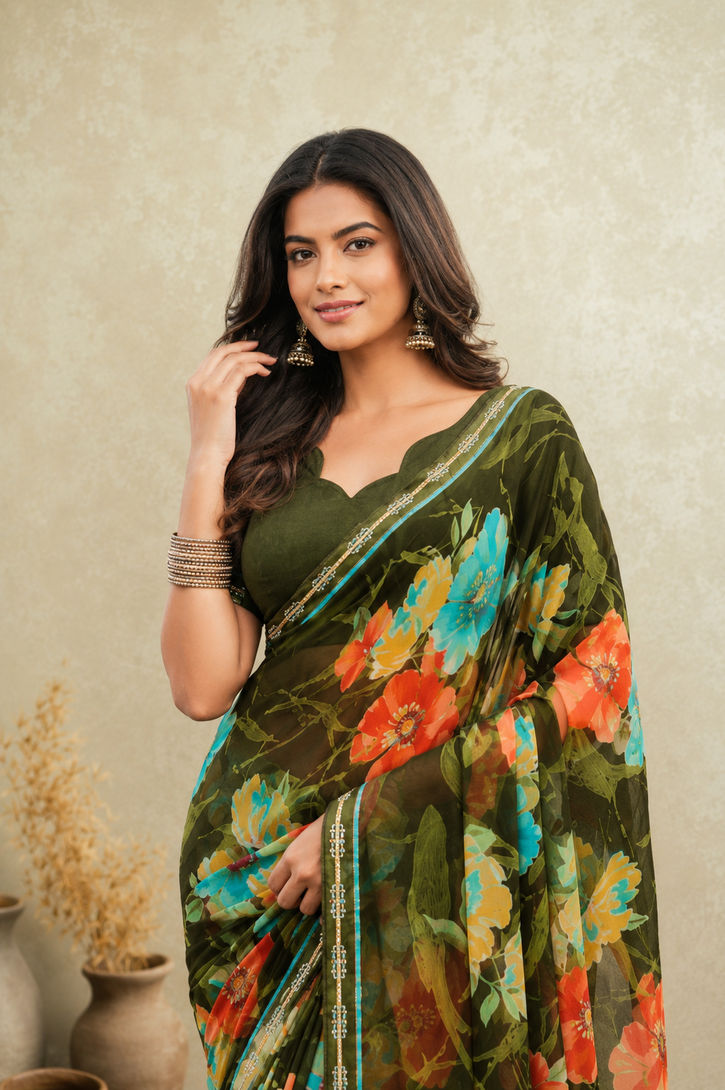 Olive Bloom Floral Printetd Saree