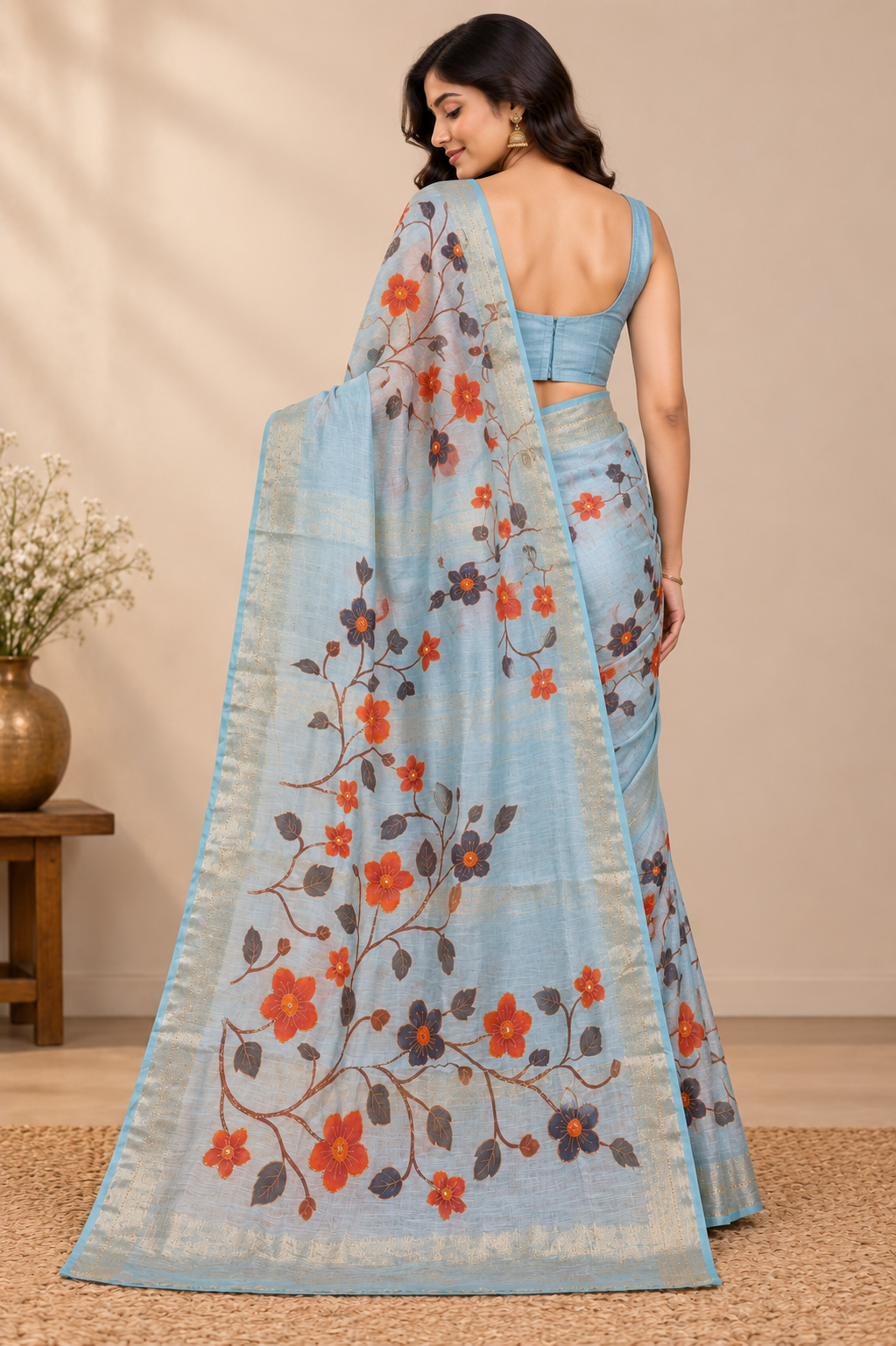 Pastel Blue Floral Elegance Saree
