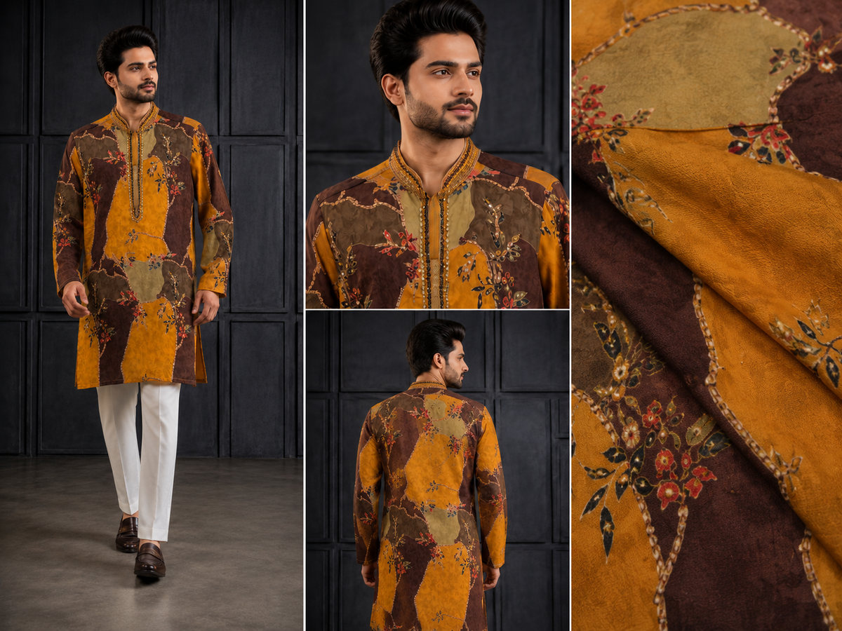 Mustard Ochre & Brown Patchwork Printed Silk Kurta Set for Men