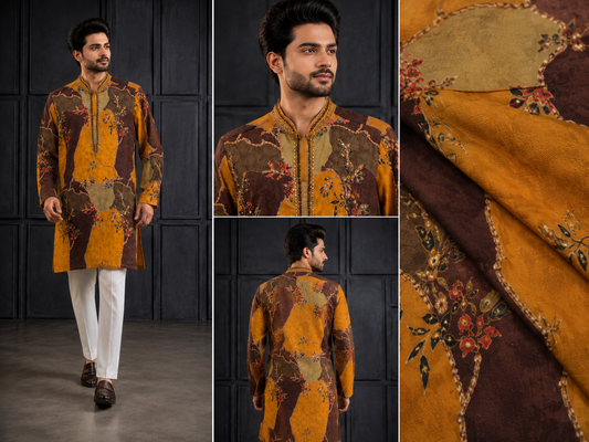 Mustard Ochre & Brown Patchwork Printed Silk Kurta Set for Men