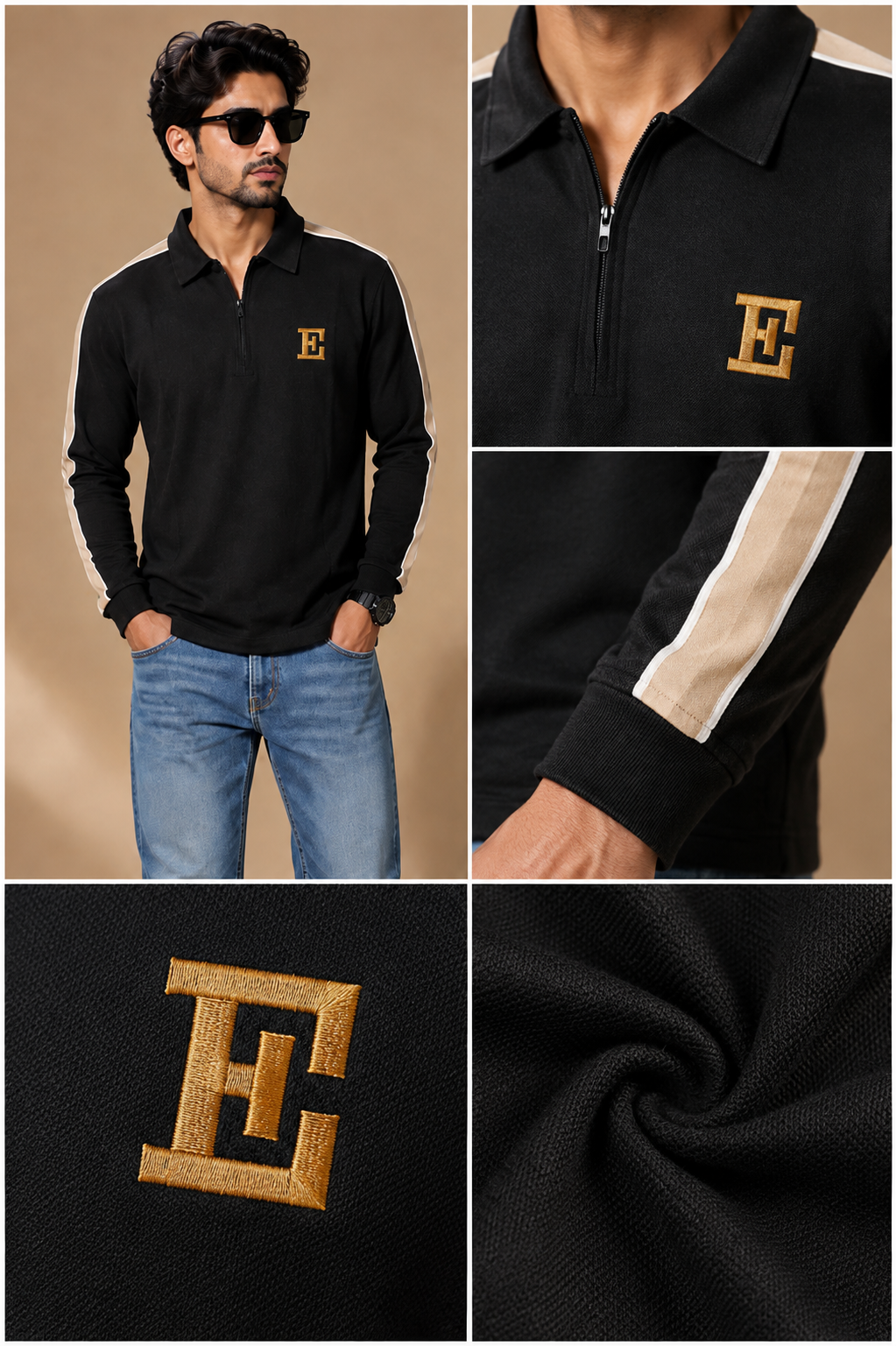 Men’s Black Half-Zip T-Shirt with Contrast Sleeve Stripes