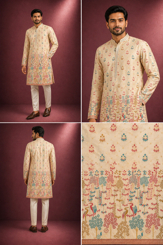 Beige Multi-Color Kalamkari Printed Kurta for Men