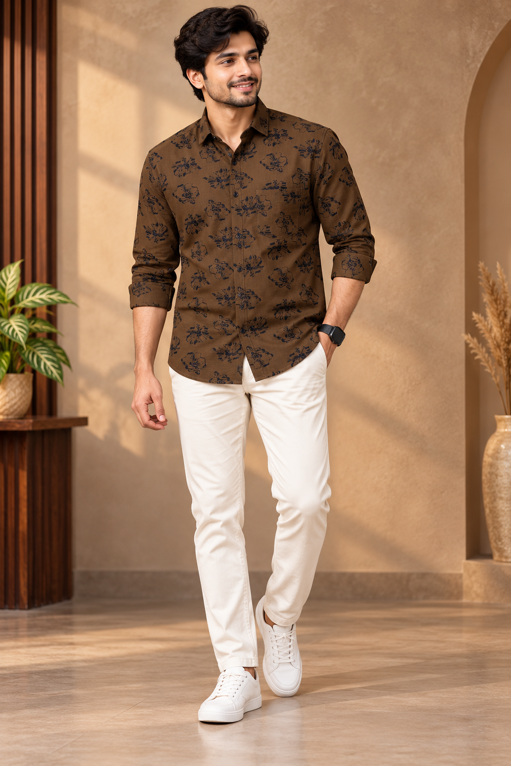 Brown Floral Print Casual Shirt