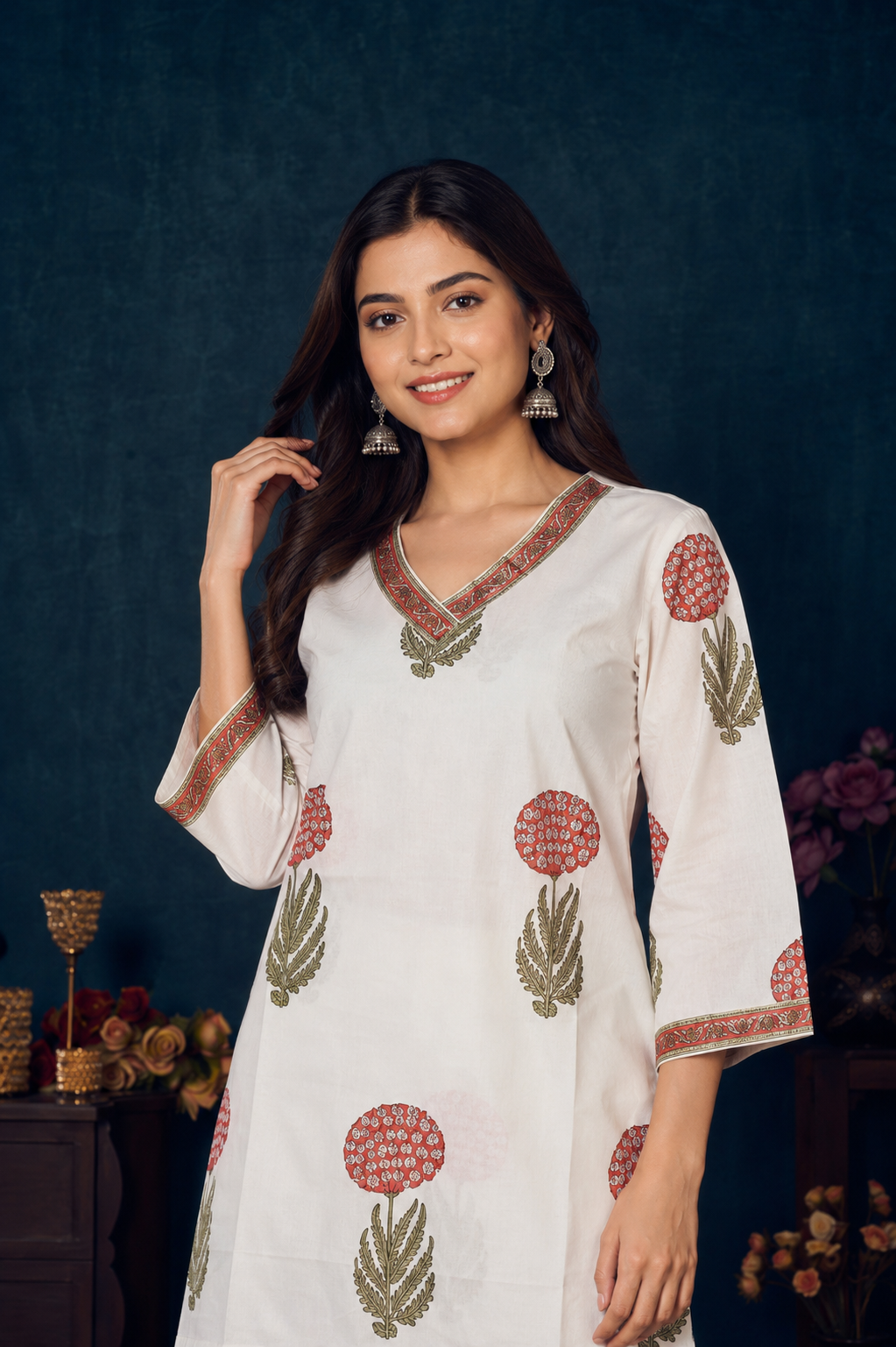 White Floral Printed Short Kurti with Ethnic Neck Detailing