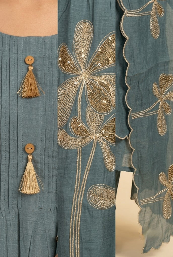 Dusty Blue Floral Embroidered Kurta Dupatta Set
