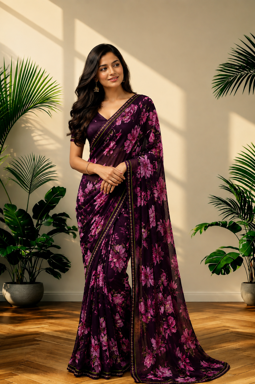 Elegant  Floral Printed Georgette Saree with Designer Border
