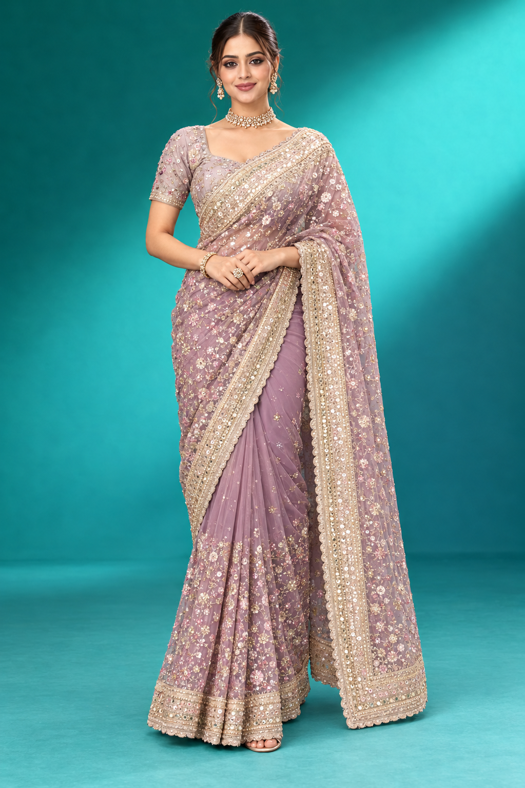 Lavender Pearl Embroidered Saree