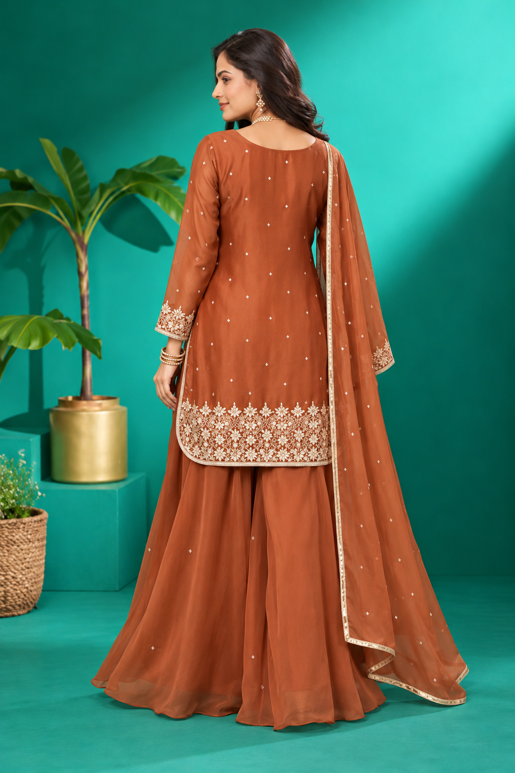 Rust Brown Embroidered Palazzo Suit Set