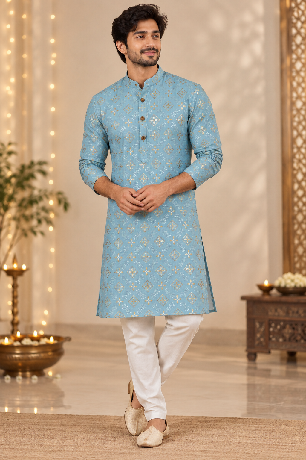Sky Blue Gold Motif Festive Kurta
