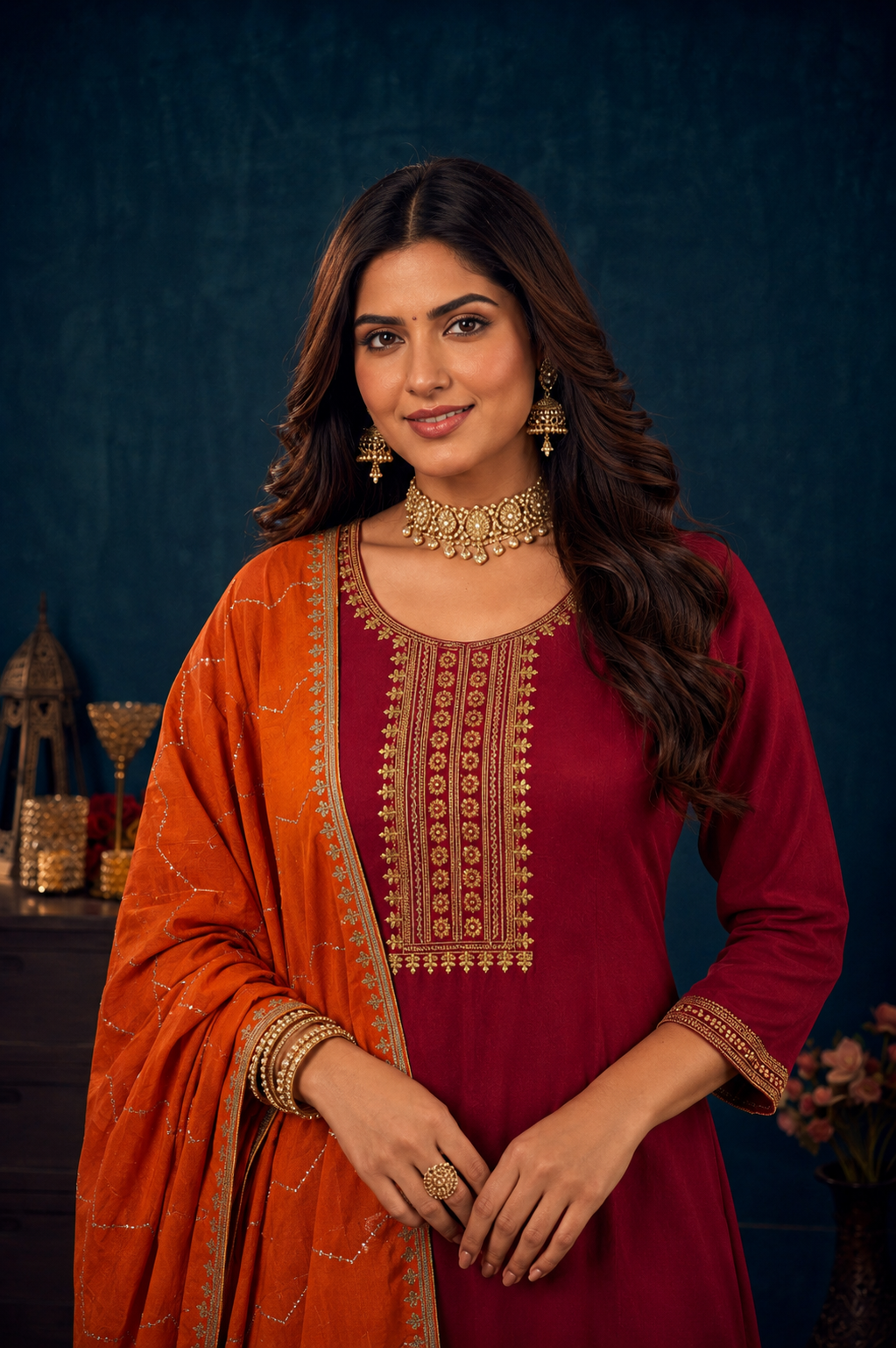 Elegant Maroon Embroidered Kurta Set with Orange Dupatta | Festive & Ethnic Wear for Women
