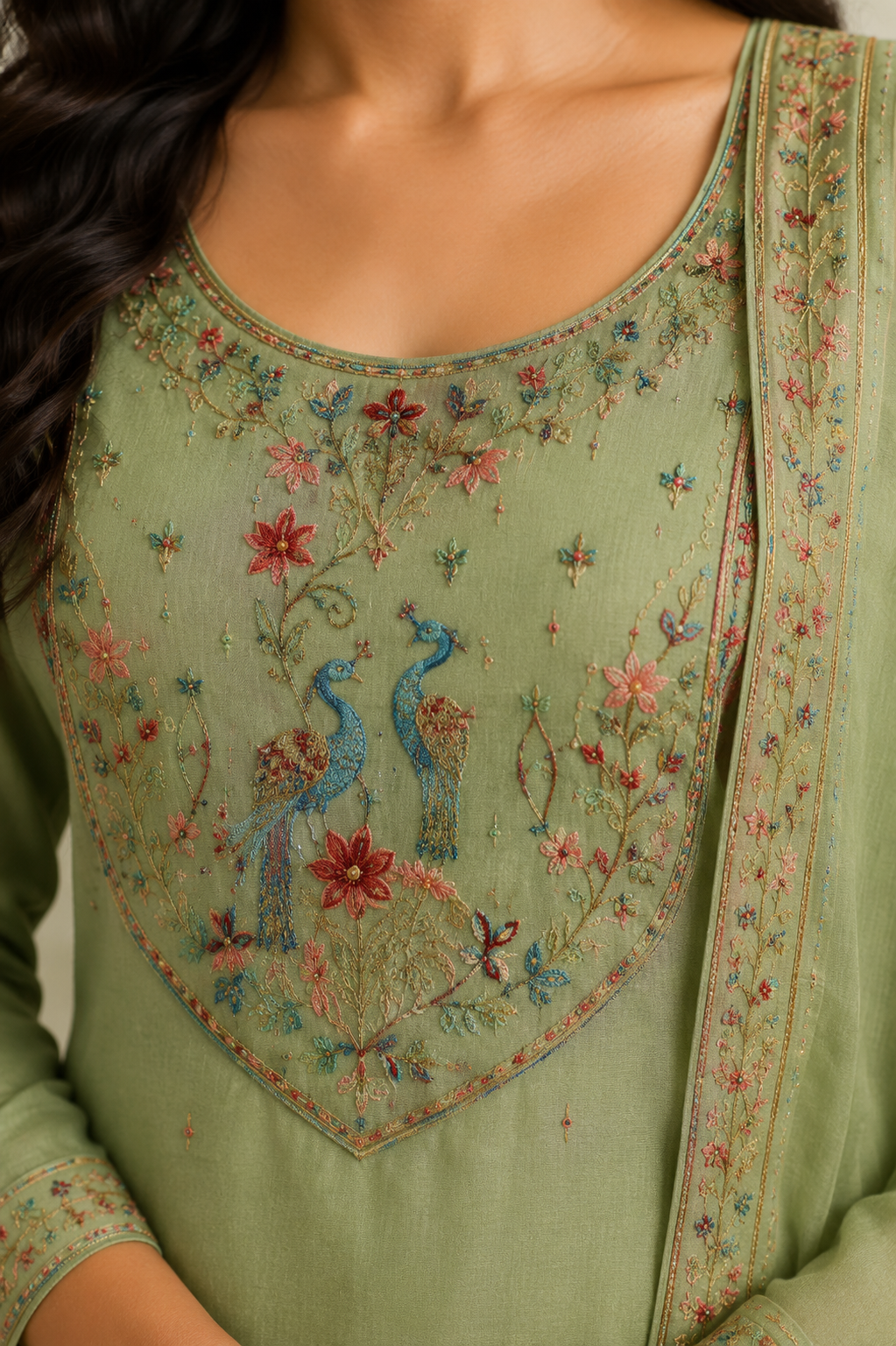 Elegant Sage Green Embroidered Kurta Pant Dupatta Set for Women