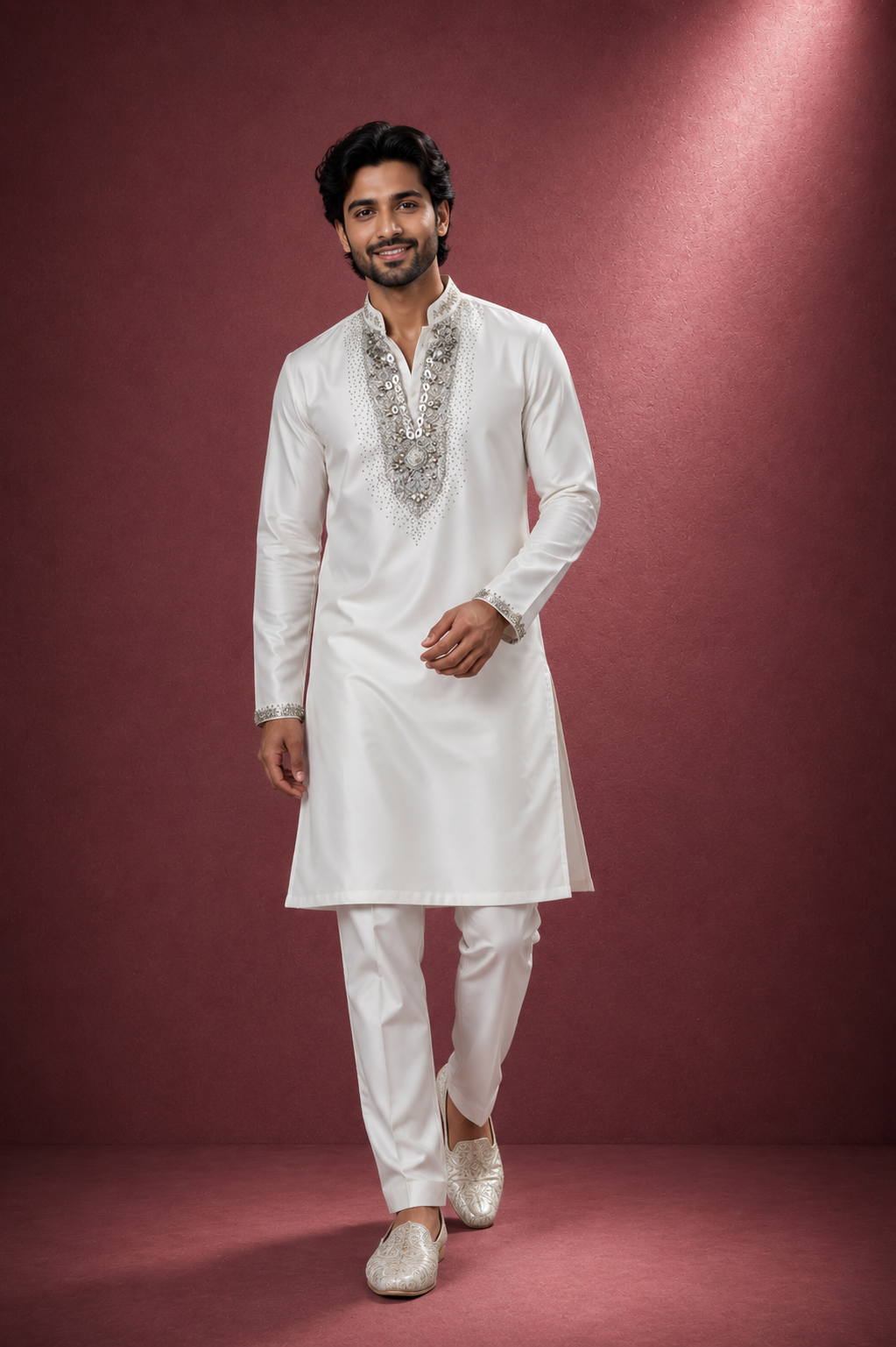 Classic Ivory Embroidered Festive Kurta Set