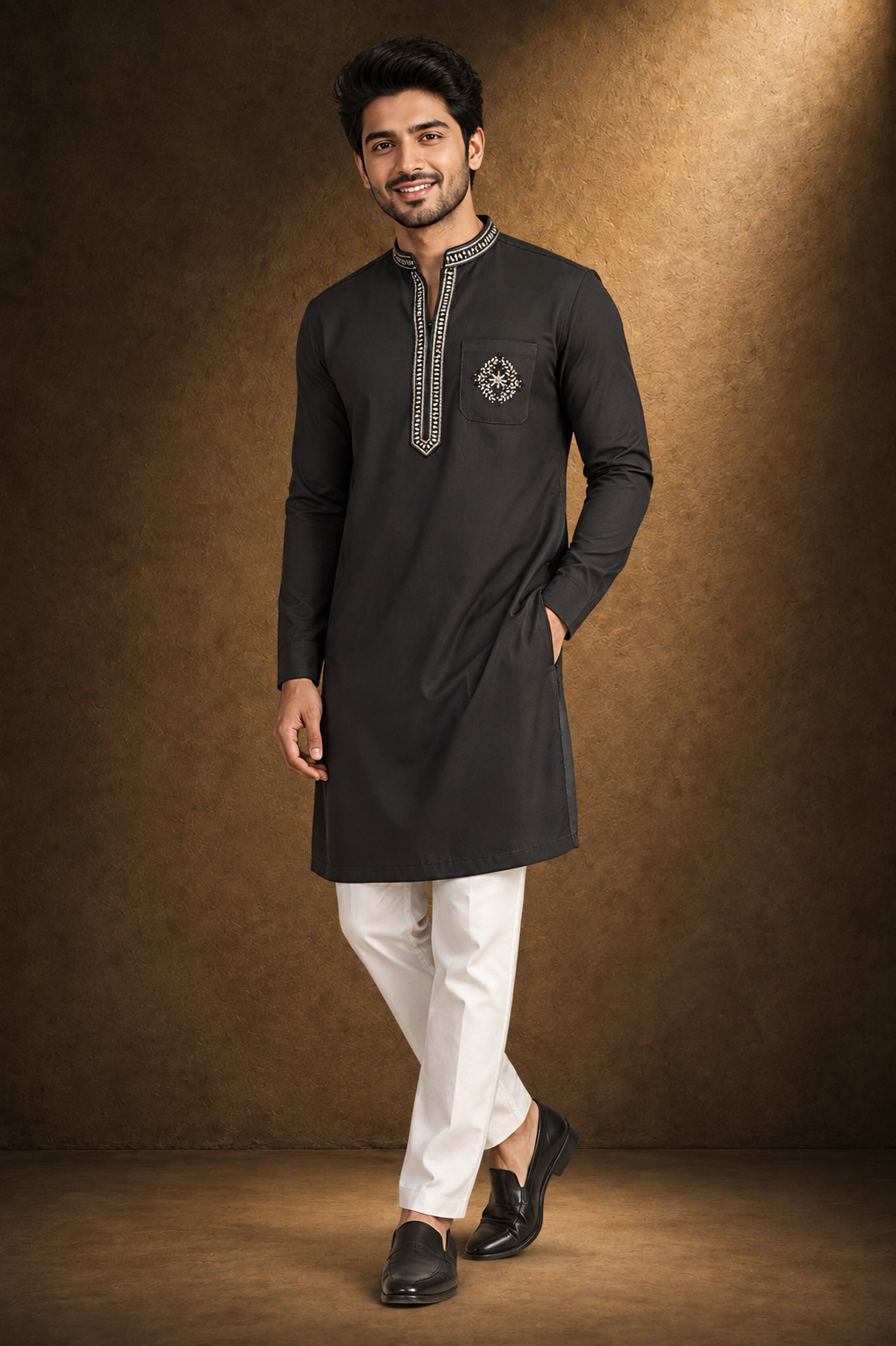 Black Embroidered Cotton-Silk Kurta Set for Men