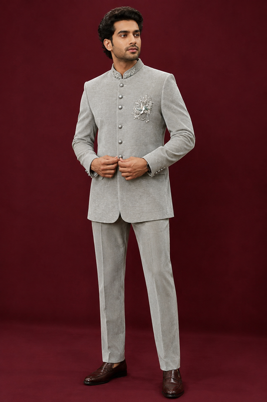 Silver Grey Embroidered Indo-Western Jodhpuri Set