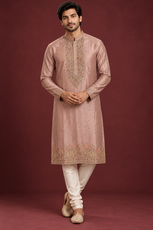 Peach Embroidered Festive Kurta Set for Men