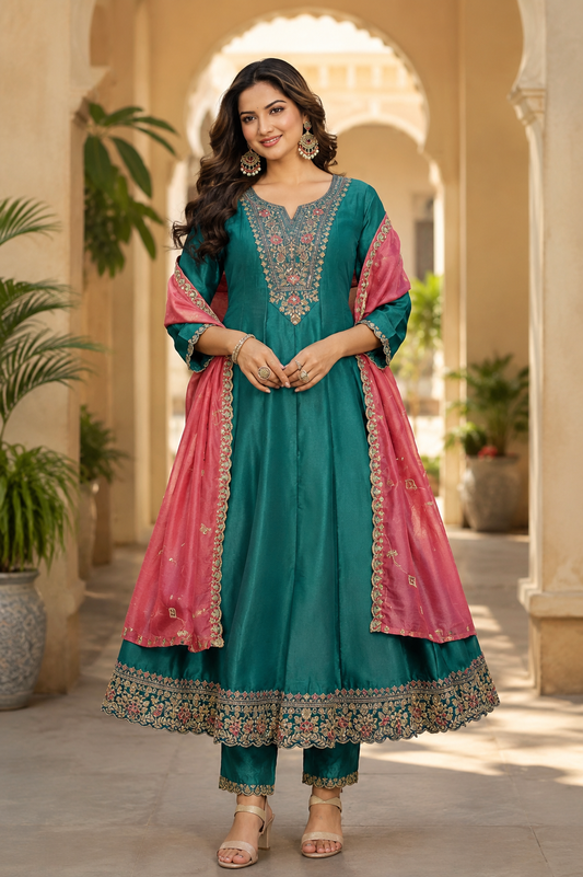 Elegant Teal Embroidered Anarkali Suit Set with Pink Dupatta