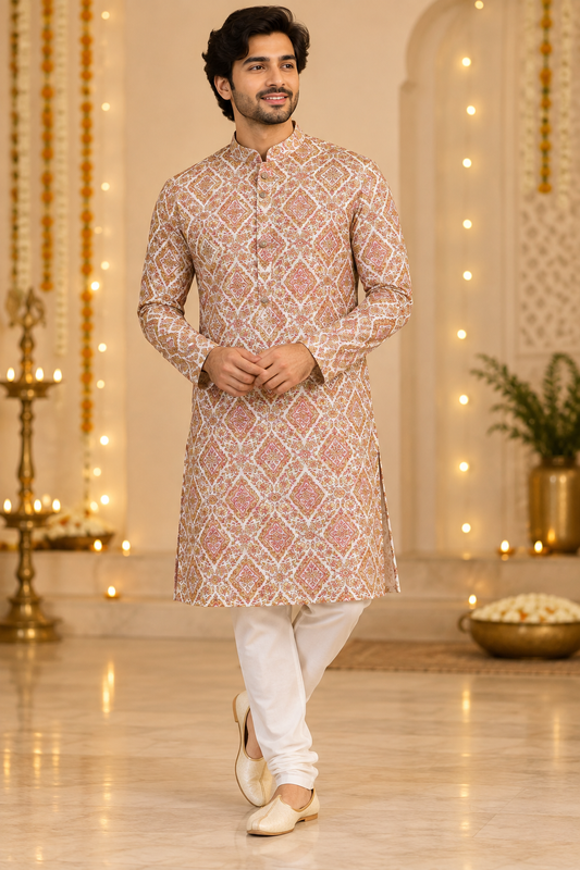 Ivory Peach Geometric Print Festive Kurta