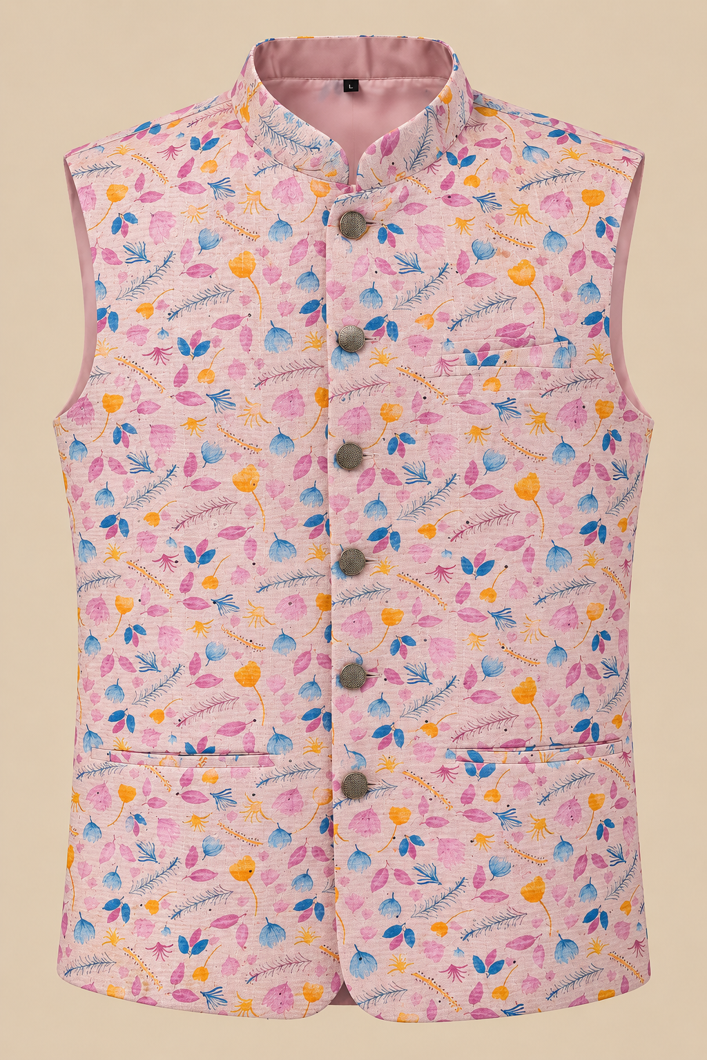 Pink Floral Printed Nehru Jacket for Men