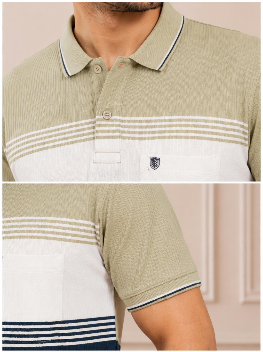 Men's Olive & Navy Striped Polo T-Shirt – Premium Casual Wear