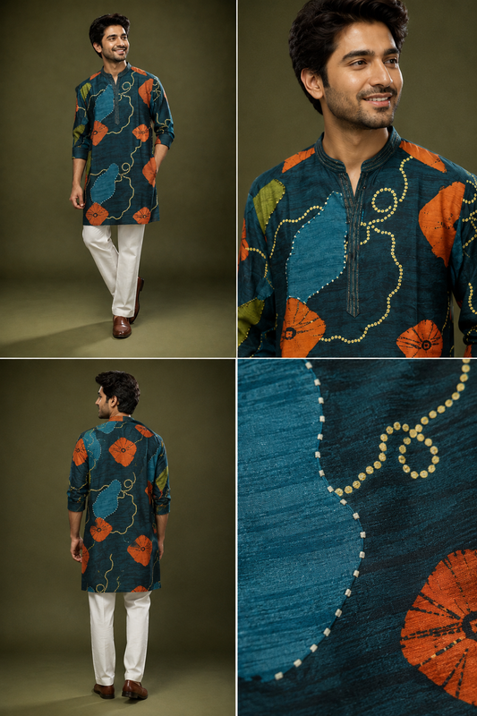 Teal Blue Abstract Printed Men’s Kurta