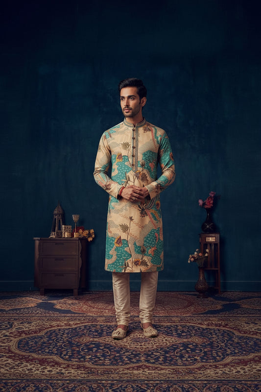 Beige & Teal Artistic Printed Festive Kurta