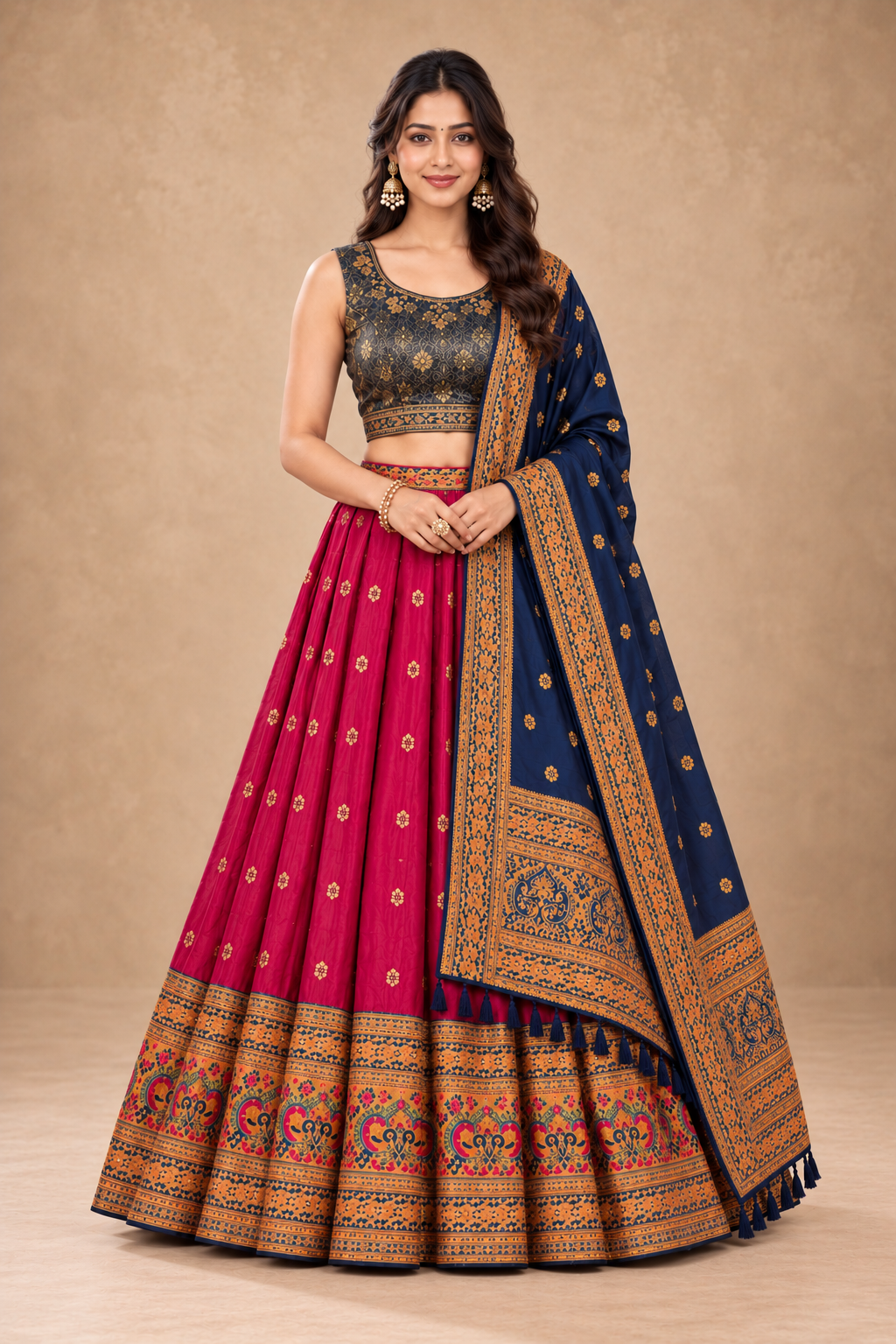 Elegant Rani Pink & Navy Blue Designer Lehenga Choli with Golden Embroidery