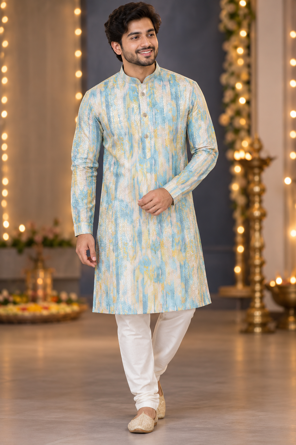 Sky Blue & Gold Abstract Print Festive Kurta