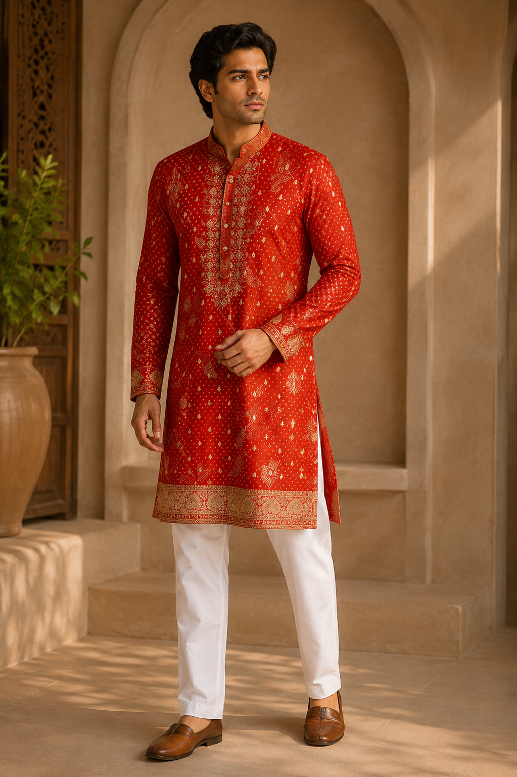 Royal Red & Gold Festive Kurta for Men