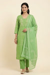 Light Green Embroidered Yoke Straight Kurta with Trousers & Printed Dupatta Set