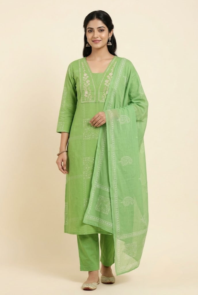 Light Green Embroidered Yoke Straight Kurta with Trousers & Printed Dupatta Set