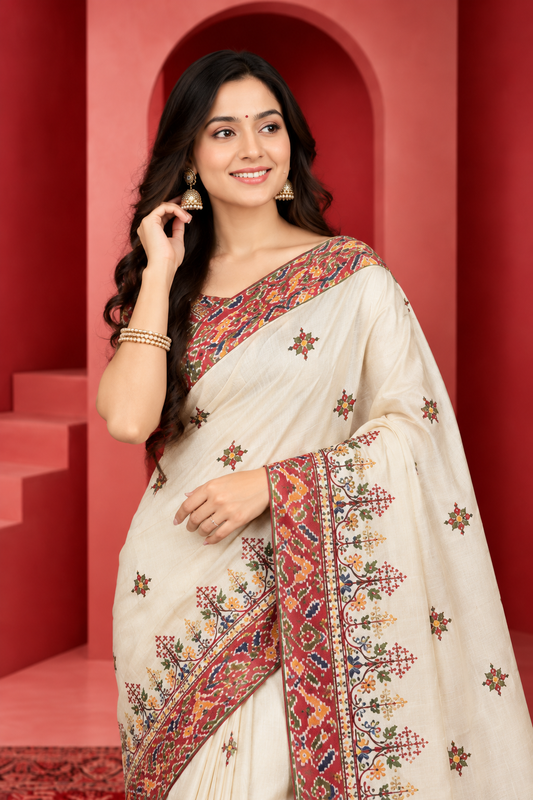 Elegant Ivory Saree with Multicolor Embroidery & Traditional Red Border