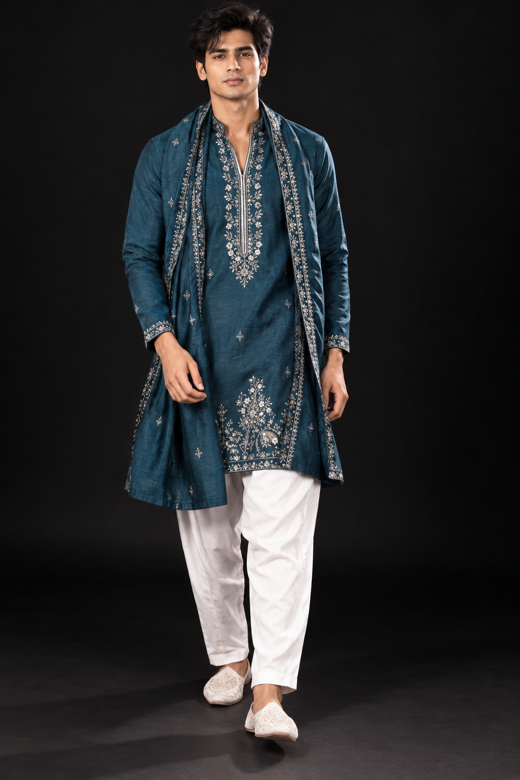 Teal Blue Embroidered Festive Kurta Set
