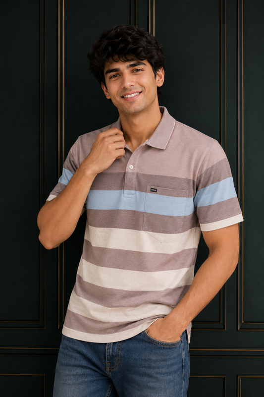 Men's Multi-Stripe Polo T-Shirt with Chest Pocket