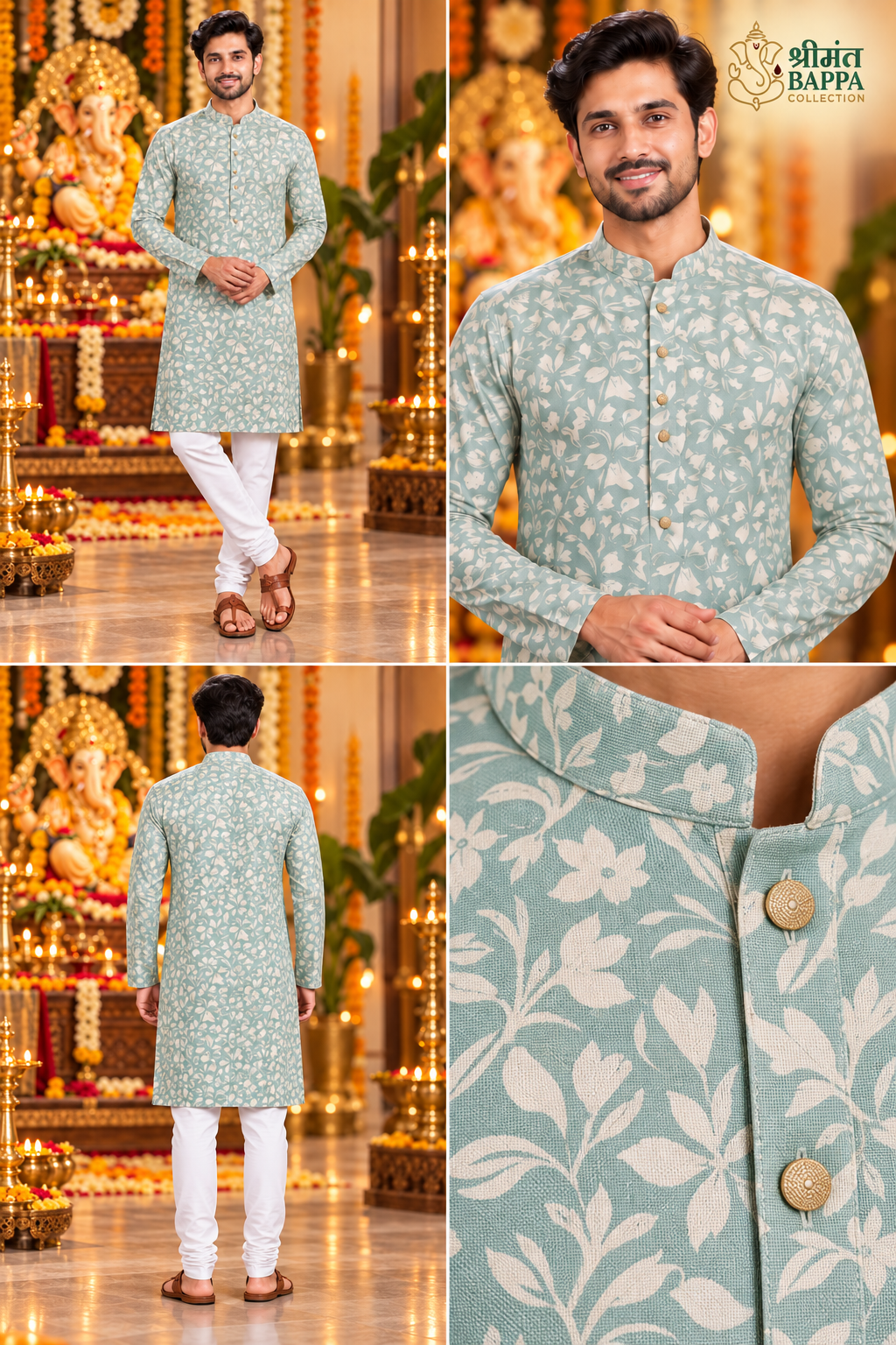 Men's Sea Green Botanical Print Long Sleeve Kurta