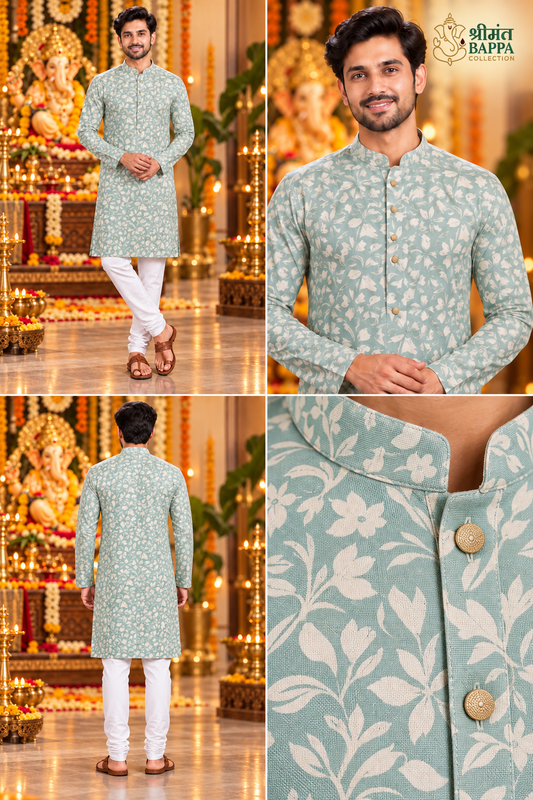 Men's Sea Green Botanical Print Long Sleeve Kurta