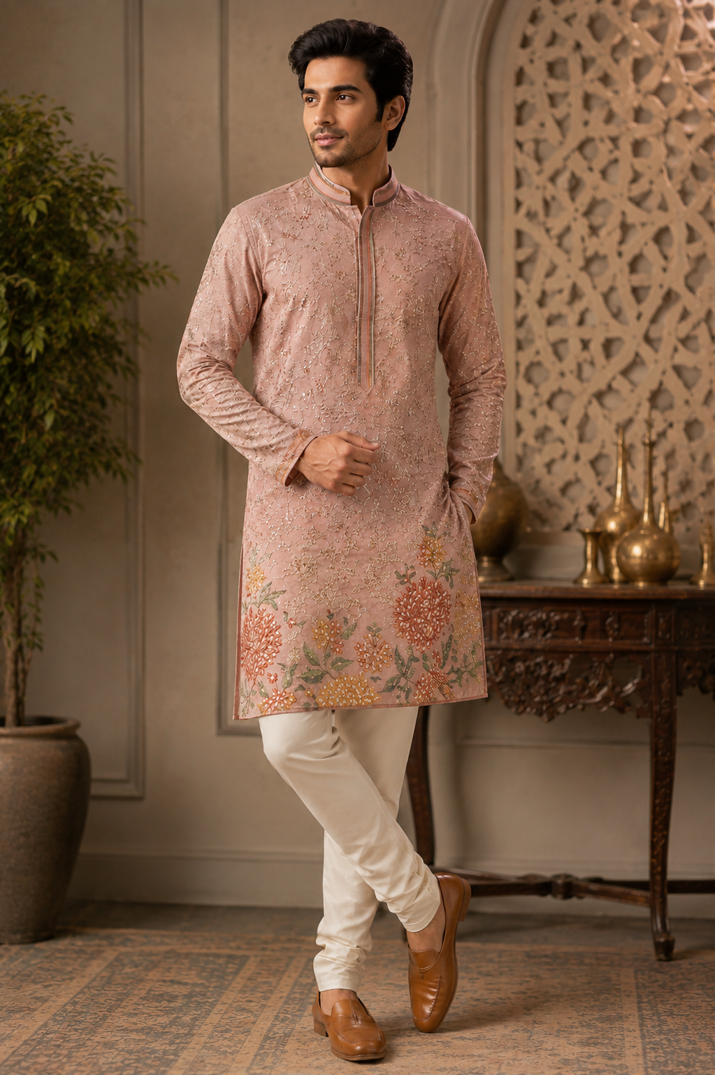 Blush Pink Floral Embroidered Men’s Kurta