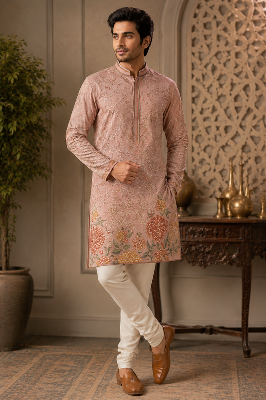 Blush Pink Floral Embroidered Men’s Kurta