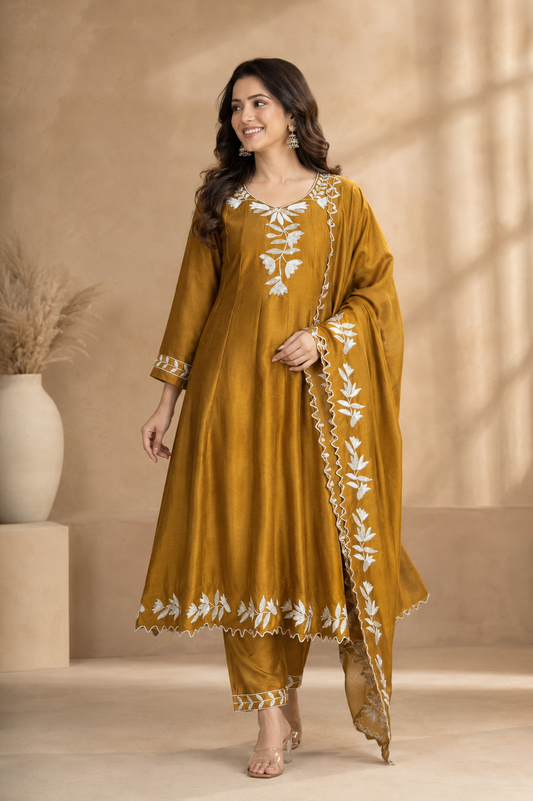 Women’s Mustard Embroidered Anarkali Kurta Set with Dupatta