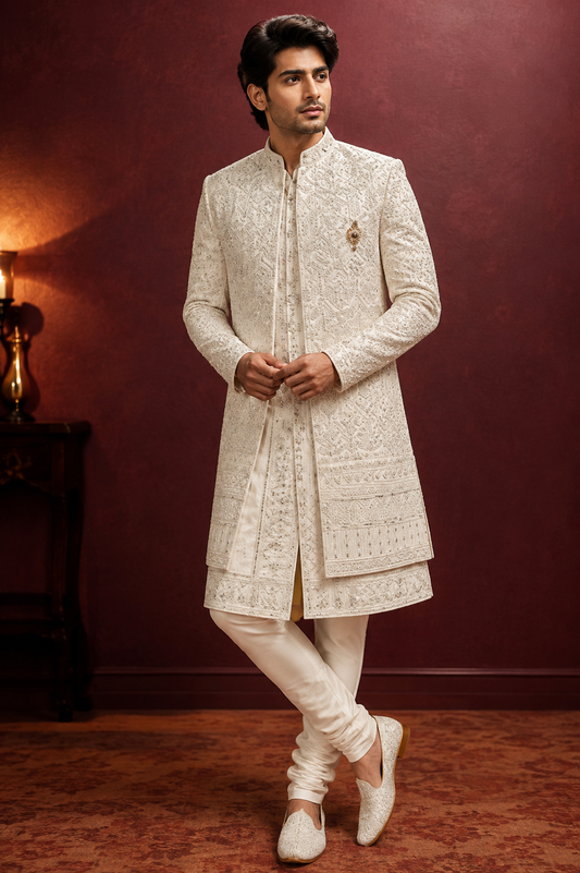 Ivory Embroidered Indo-Western Sherwani