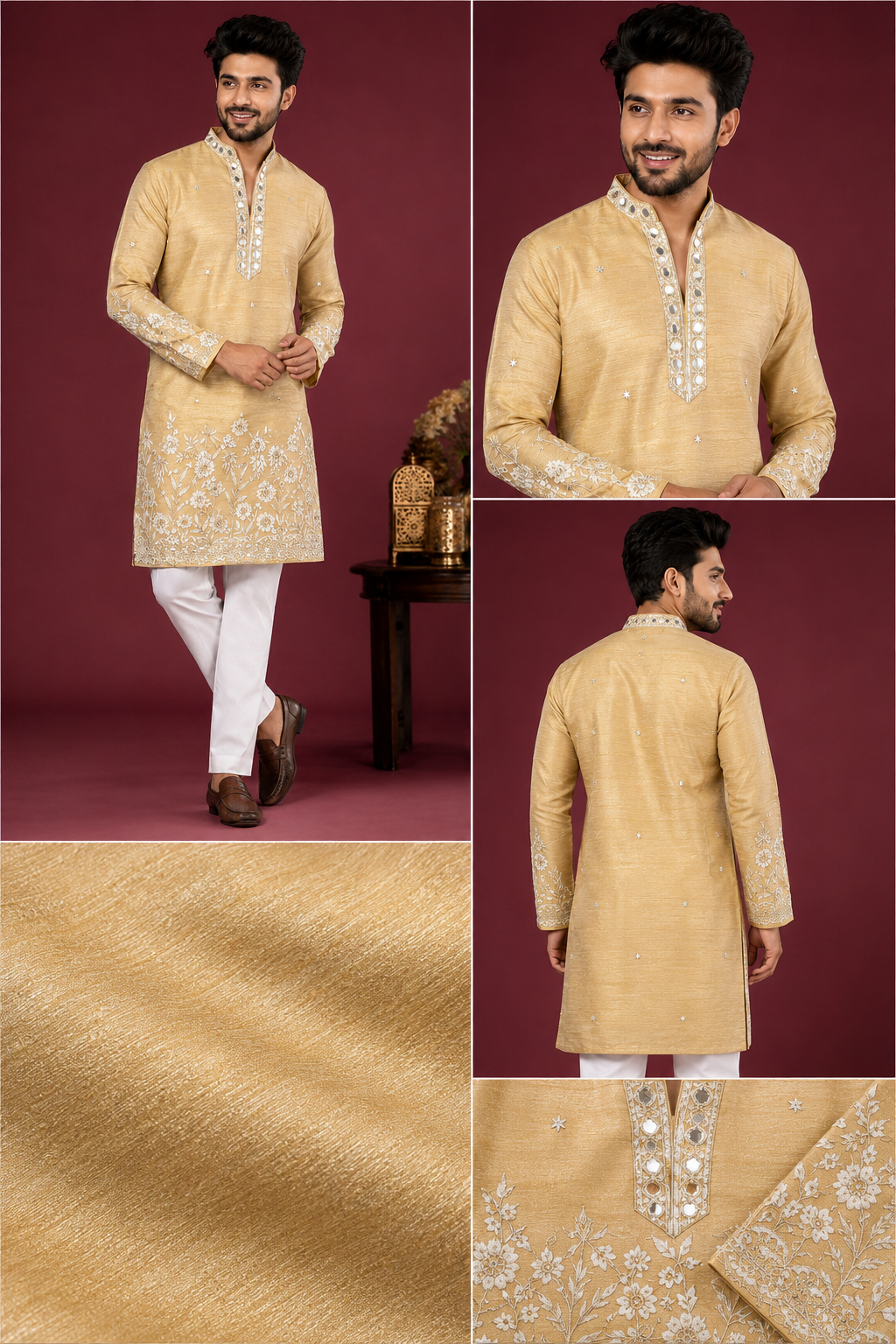 Golden Beige Embroidered Kurta Set for Men
