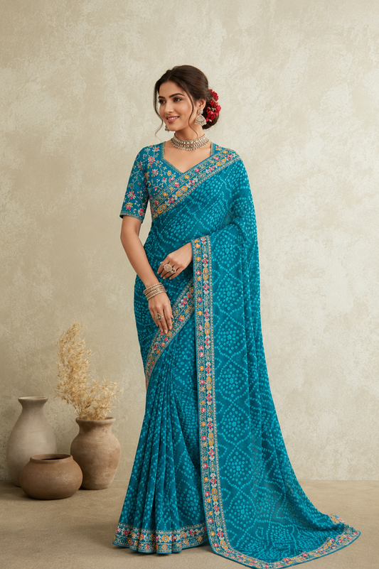 Royal Teal Floral Border Saree – Elegant Ethnic Collection